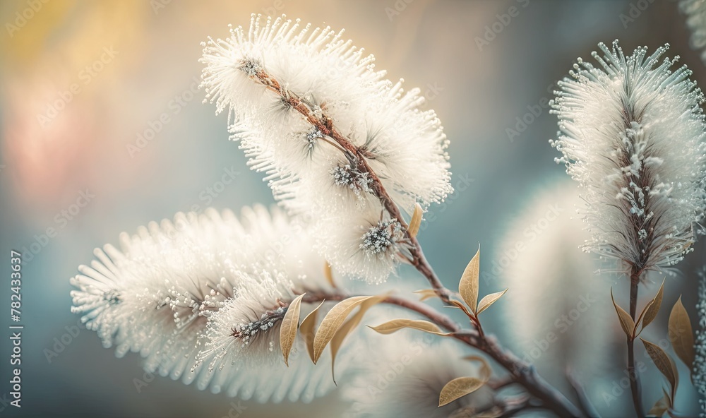 Poster spring background with blossom of pastel grey fluffy willow branches and bokeh front view with copy 