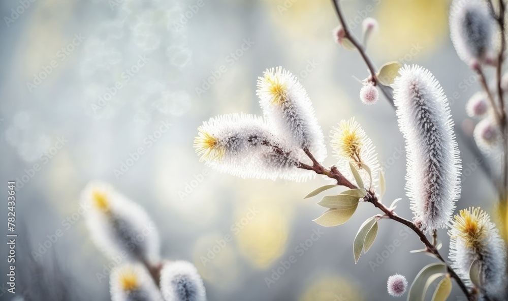 Poster spring background with blossom of pastel grey fluffy willow branches and bokeh front view with copy 