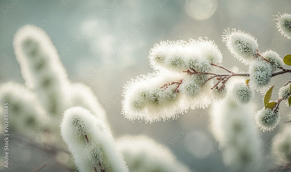 Poster spring background with blossom of pastel grey fluffy willow branches and bokeh front view with copy 