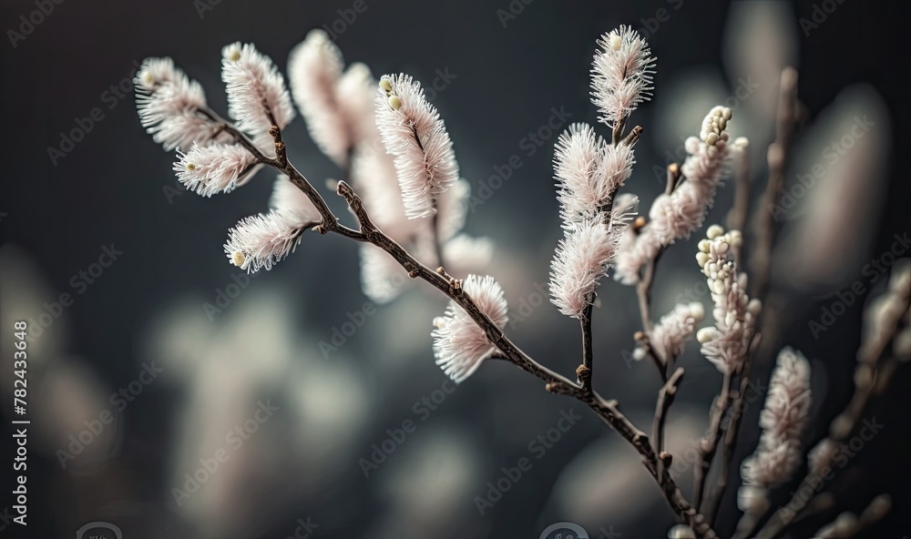 Poster spring background with blossom of pastel grey fluffy willow branches and bokeh front view with copy 