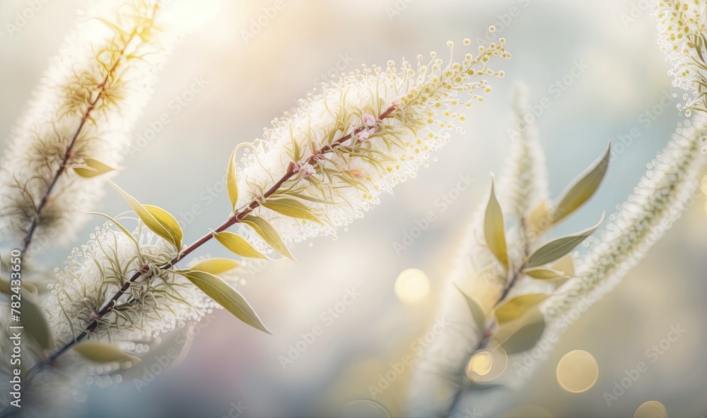 Poster spring background with blossom of pastel grey fluffy willow branches and bokeh front view with copy 