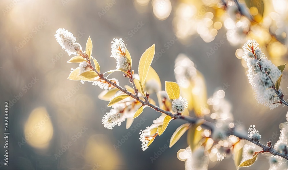 Poster spring background with blossom of pastel grey fluffy willow branches and bokeh front view with copy 