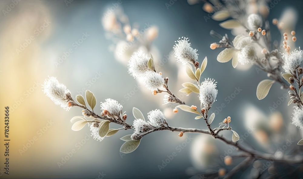 Poster spring background with blossom of pastel grey fluffy willow branches and bokeh front view generative