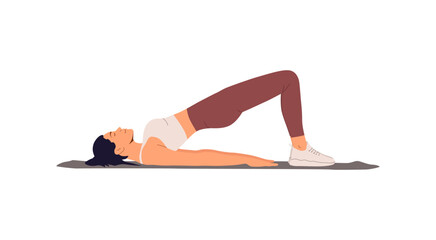 Happy woman training yoga on mat, workout for healthy pelvic muscles. Girl doing Kegel exercise, bridge pose lying on floor, pelvis raised up asana. Vector illustration isolated on white background