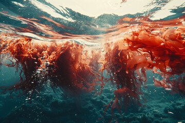Underwater Dance: Radiant Red Algae Swirling in the Ocean Depths