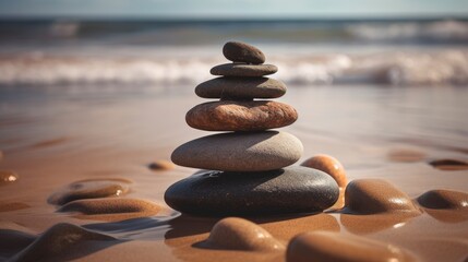 Fototapeta na wymiar Zen Stones on Pebble Beach for Relaxation and Meditation Generative AI