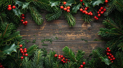 Fototapeta na wymiar A festive holiday party invitation mockup, nestled among fresh evergreen branches and bright red holly berries on a wooden tabletop. 32k, full ultra hd, high resolution