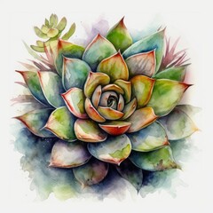 Fototapeta premium Succulent Watercolor Painting on White Background Generative AI