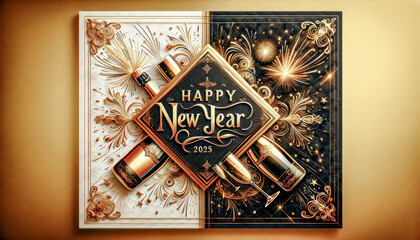 New Year Card for the year 2025 with a Beautiful Background Happy New Year is the center of attention The Ambiance is Emphasized by Golden Fireworks Wallpaper Digital Art - obrazy, fototapety, plakaty