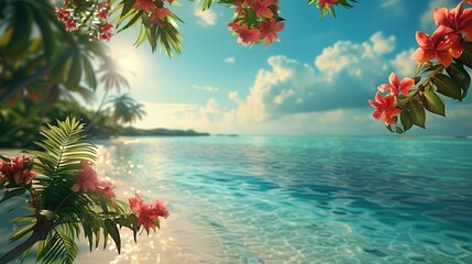 Fototapeta na wymiar Azure sky, palm trees, and blooming flowers on a tropical beach by the ocean