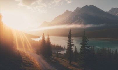 Sunrise on Mountain with Foggy in Medicine Lake at Jasper as Soft Ethereal Dreamy Background Generative AI