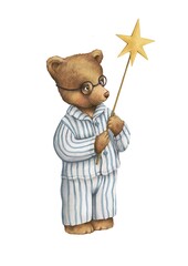 Teddy Bear in glasses with a wand in striped pajamas watercolor illustration