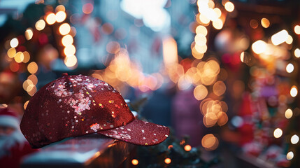A festive, sequined cap mockup under the dazzling lights of a holiday market, with decorations and festive cheer surrounding it. 32k, full ultra hd, high resolution