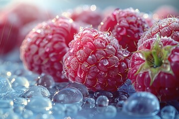 a bunch of raspberries sitting on top of ice cubes