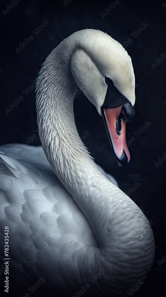 Poster swan in the style of realisticon on dark background generative ai