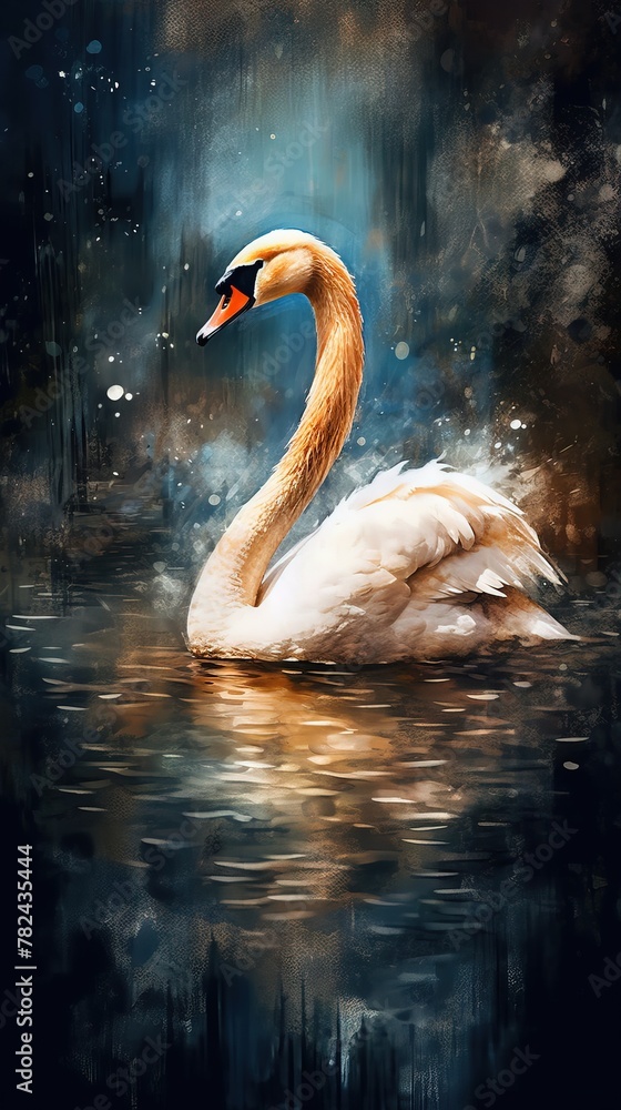 Poster swan in watercolor style on dark background generative ai