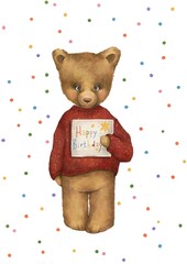 Teddy Bear birthday gift card watercolor illustration