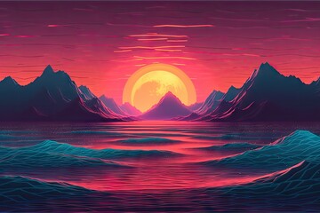 Synthwave Sunset Landscape - Retro Synthwave Color Design Ocean Wave Generative AI - obrazy, fototapety, plakaty