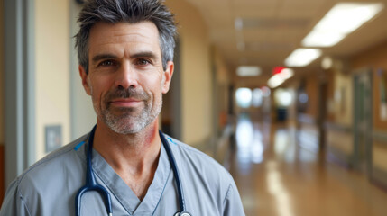 Obraz premium A man in a white lab coat is smiling for the camera. He is a doctor and is standing in a hallway.