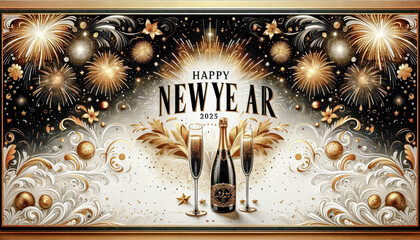 Obraz premium New Year Card for the year 2025 with a Beautiful Background Happy New Year is the center of attention The Ambiance is Emphasized by Golden Fireworks Wallpaper Digital Art