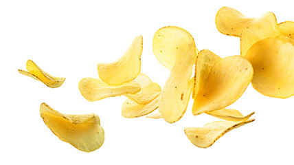 Natural potato chips levitate on a transparent background.

