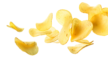Natural potato chips levitate on a transparent background.

