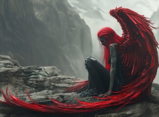 Una figura solitaria con alas escarlatas impresionantes medita en el borde de una montaña, su introspección tan profunda como el abismo que tiene debajo. - obrazy, fototapety, plakaty