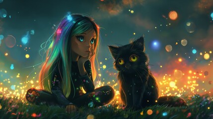 En el suave abrazo del crepúsculo, una niña con cabello arcoíris comparte un momento con un misterioso gato negro. Sus ojos brillantes susurran secretos mientras el mundo a su alrededor centellea. - obrazy, fototapety, plakaty