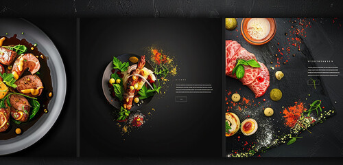 A food photography template with close-up shots of gourmet dishes, each image framed by a thin. 32k, full ultra hd, high resolution