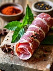A slice of ham rolled into a tube with bay leaf and spices
