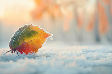 A frost-tipped autumn leaf with a melting droplet of water, signifying the transition from fall to...