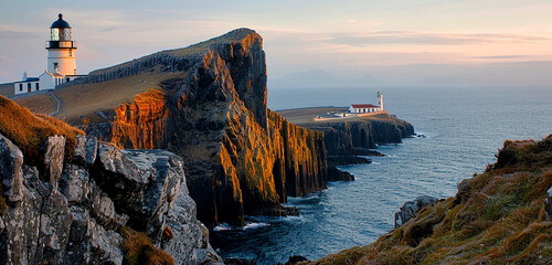 A calm scene at Neist Point, lit softly by dawn, with the famous lighthouse placed on the jagged cliffs overlooking the vast Atlantic Ocean. - Powered by Adobe