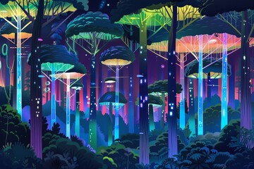Experience the magic of holographic trees woods, displaying diverse forest ecosystems from across the universe, a breathtaking blend of technology and nature.