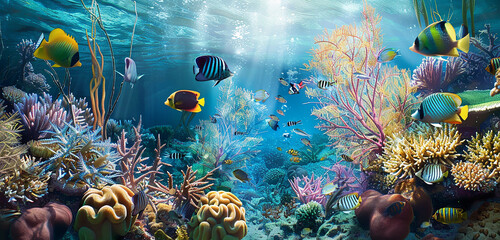 the amazing sight of a vivid coral reef alive with life beneath the pristine waters of the tropics;...