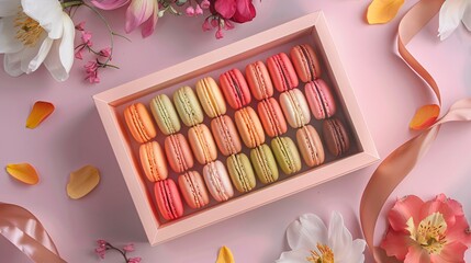 Still life and food photo of cake macarons in a gift box with flowers