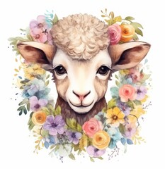 Naklejka premium Whimsical Lamb Portrait in a Floral Wreath Generative AI