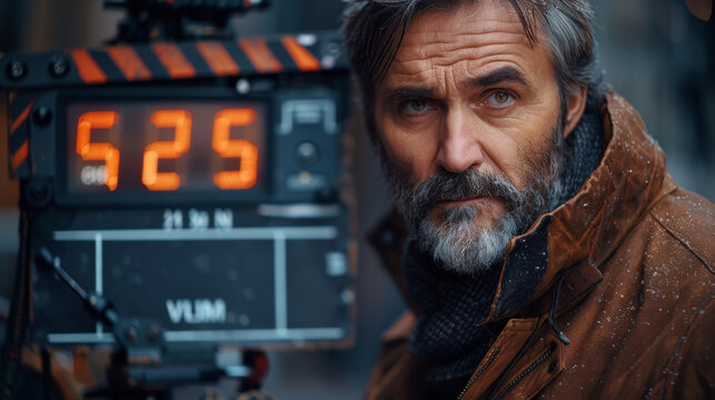 selective focus of mature actor performing role with clapboard in front.