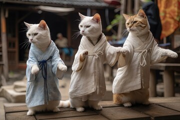 Three Feline Martial Artists Practicing Tai Chi in a Serene Courtyard Generative AI