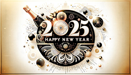 New Year Card for the year 2025 with a Beautiful Background Happy New Year is the center of attention The Ambiance is Emphasized by Golden Fireworks Wallpaper Digital Art - obrazy, fototapety, plakaty