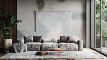 Single vertical ISO A1 frame mockup, reflective glass, mockup poster on the floor of living room. Interior mockup. Apartment background. Modern interior design. 3D render