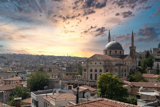 Gaziantep, Turkey - 16.10.2022: Gaziantep city skyline with Kurtulus mosque during sunset.