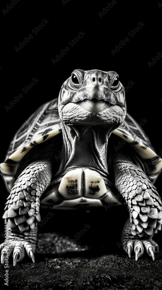Poster monochrome turtle portrait against dark background generative ai
