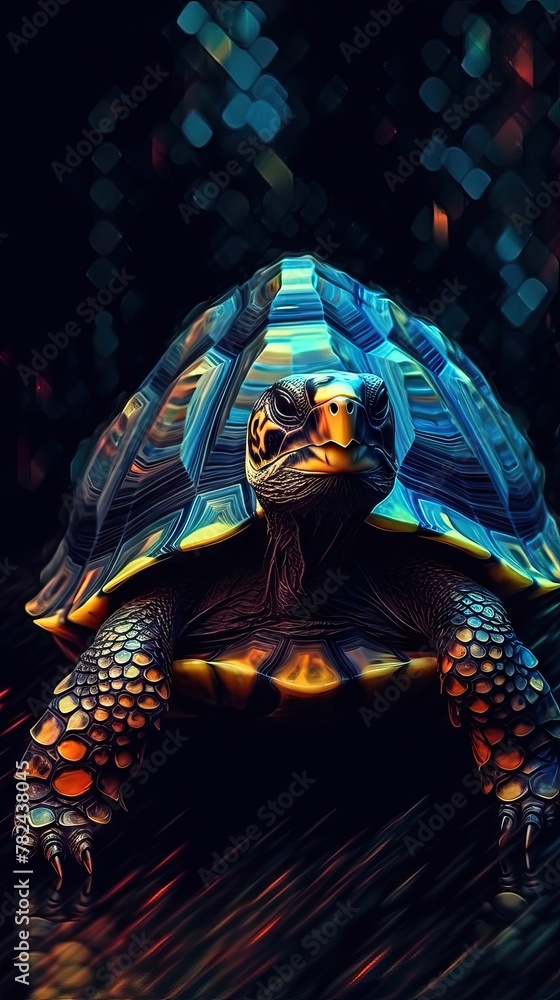 Poster glitched turtle art on dark canvas generative ai