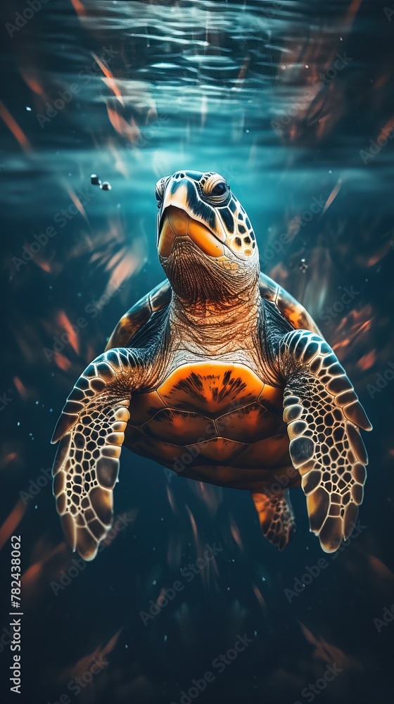 Poster artistic double exposure of a turtle on a dark background generative ai