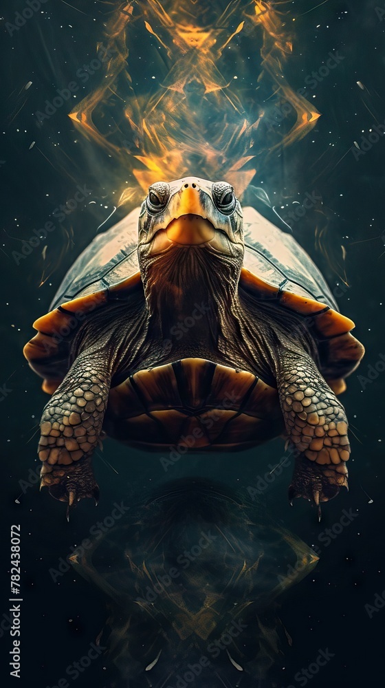 Poster turtle double exposure on dark canvas generative ai