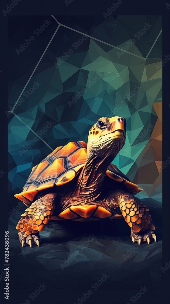 Aufkleber low-poly turtle on shadowy canvas generative ai
