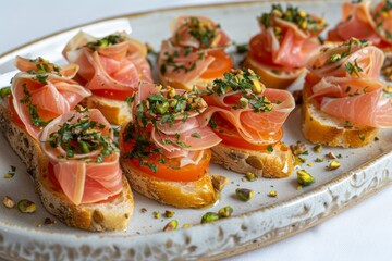  Elegant crostini topped with thinly sliced prosciutto and a sprinkle of fresh herbs on a ceramic platter.