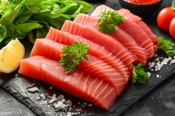 Freshly sliced tuna sashimi presented on a dark slate, accented with parsley and lemon.