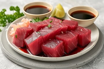 Succulent cubes of tuna sashimi served with soy sauce, wasabi, and ginger, ready for an authentic Japanese dining experience.