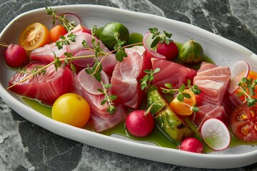  Artistic sashimi platter, with fresh tuna slices and an assortment of vibrant vegetables, embodying culinary elegance.